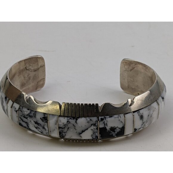 Steve Francisco Native American Sterling White Buffalo Inlay Bracelet For Women - Picture 8 of 11